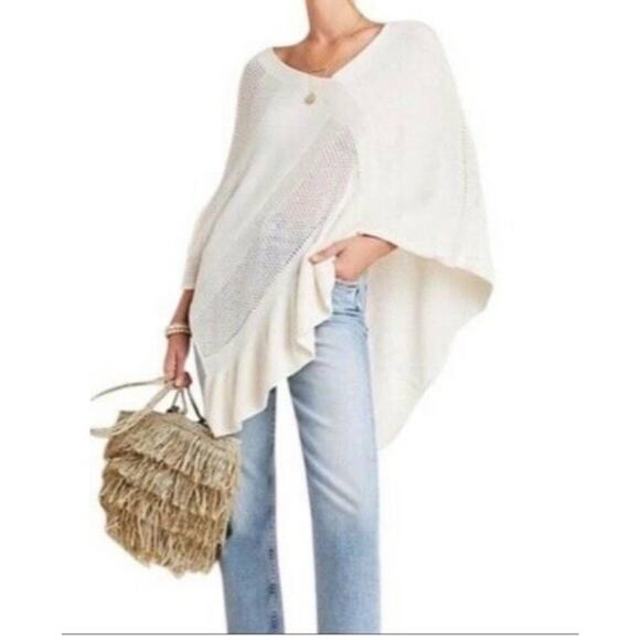 anthropologie  Ivory Knit Poncho Top Oversized V Neck Ruffle Hem Summer Layering - Picture 1 of 7
